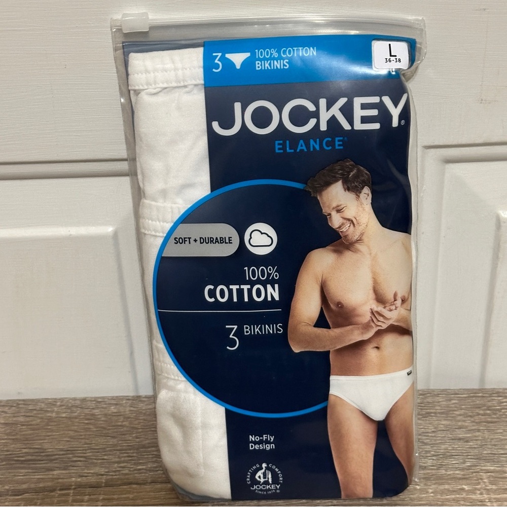 Jockey Mens Size L‎ 36-38 White Elance Bikini 3-Pack Underwear Cotton Comfort
